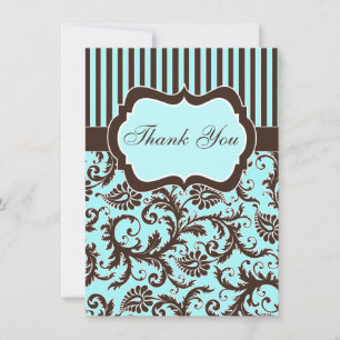 Aqua, Brown, White Striped Damask Thank You Card