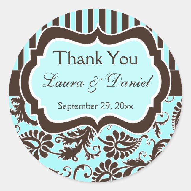 Aqua, Brown, White Striped Damask Wedding Favour Classic Round Sticker (Front)