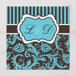 Aqua, Brown, White Striped Damask Wedding Invite