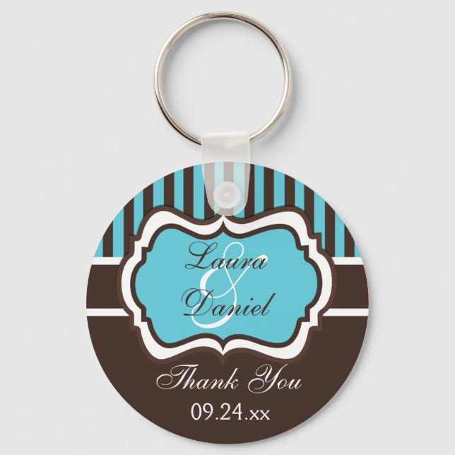 Aqua, Brown, White Striped Wedding Favour Key Ring (Front)
