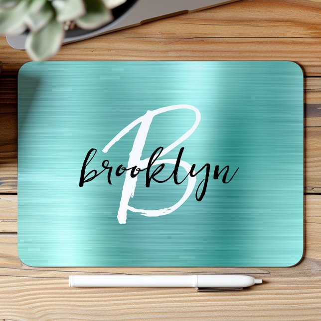 Aqua Brushed Metal Black White Script Monogram  Mouse Pad (Creator Uploaded)