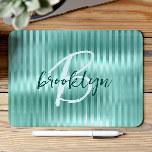 Aqua Brushed Metal Stripes Script Monogram  Mouse Pad