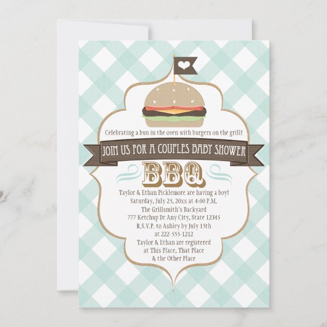 Aqua Burger Couples BBQ Baby Shower Invitations (Front)