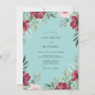 Aqua Burgundy Poppy Wedding Invitation