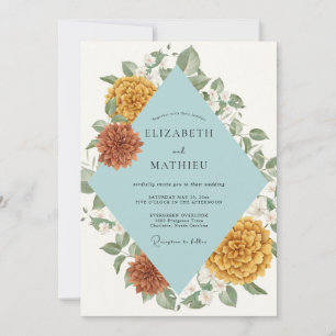 Aqua Burnt Orange Dahlia Wedding Invitation