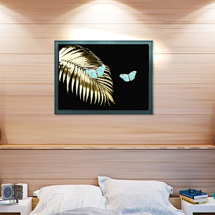 Aqua Butterflies on Golden Palm Frond Foil Prints