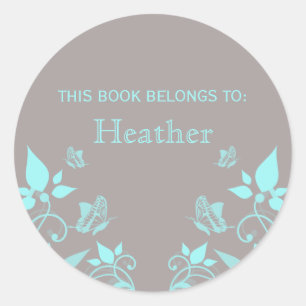 Aqua Butterfly Floral Bookplate Stickers