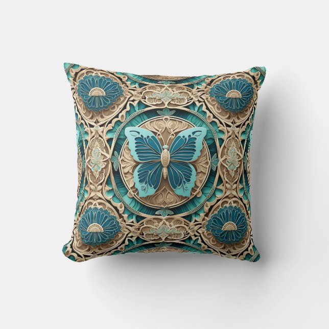 Aqua Butterfly on Tan Medallion Cushion (Front)