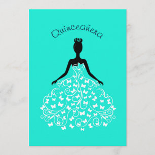 Aqua Butterfly Quinceanera Ball Gown Invitation