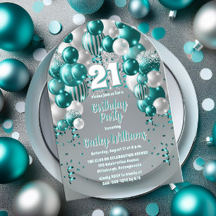 Aqua Celebration Balloons 21st Birthday Party Acrylic Invitations