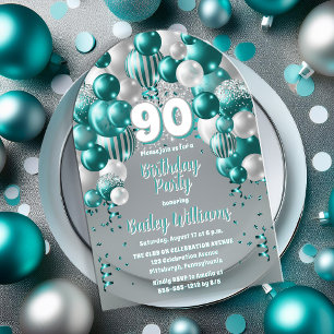 Aqua Celebration Balloons 90th Birthday Party Acrylic Invitations