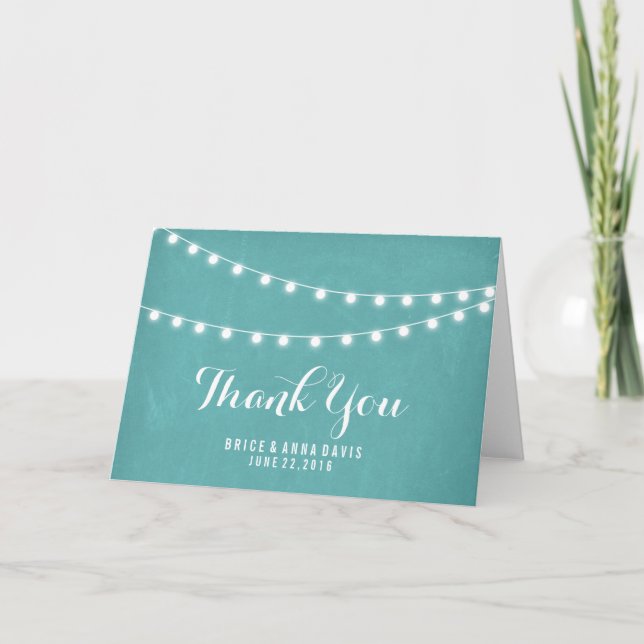 Aqua Chalkboard Summer String Light Thank You Card (Front)