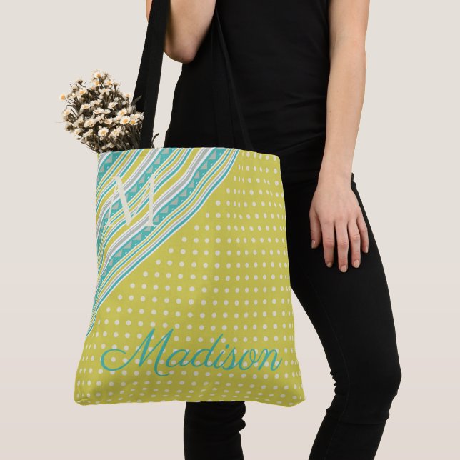 Aqua Chartreuse Trendy Dots Girly Name Monogram Tote Bag (Close Up)
