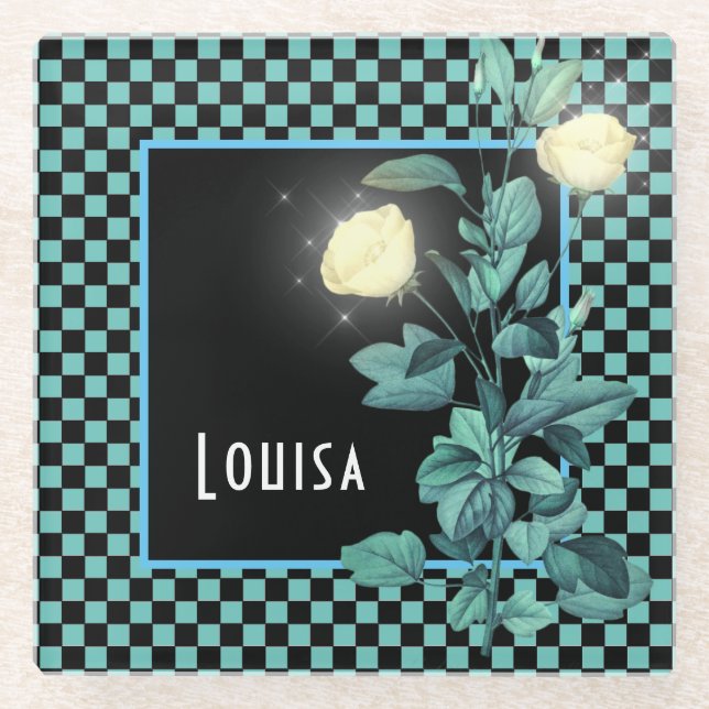 Aqua Chequerboard Floral Personalised  Glass Coaster (Front)