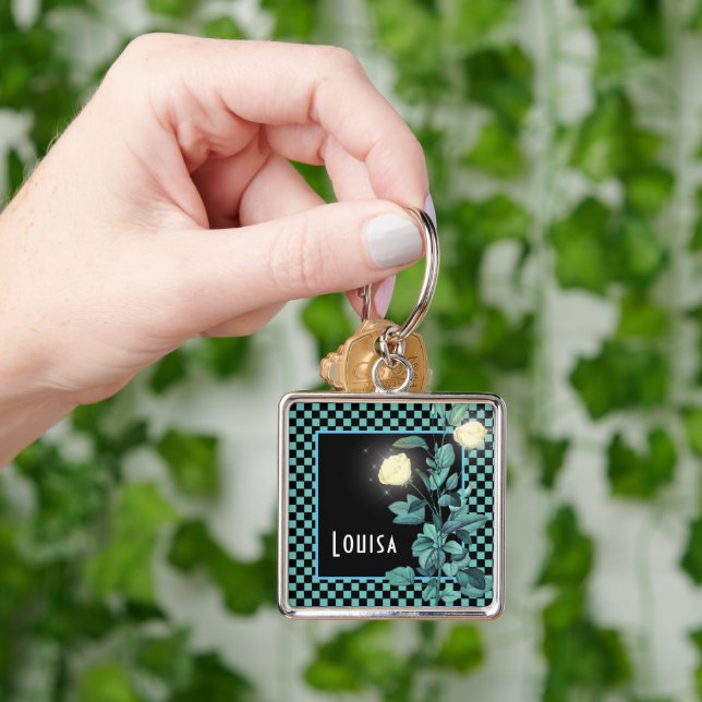 Aqua Chequerboard Floral Personalised  Key Ring (Hand)