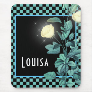 Aqua Chequerboard Floral Personalised  Mouse Pad