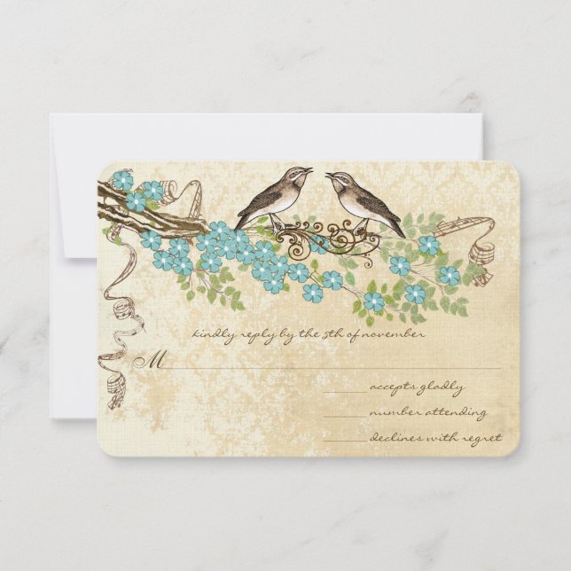 Aqua Cherry Blossom Vintage Bird Weddings RSVP Card (Front)