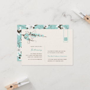 Aqua Cherry Blossoms Chic Asian Wedding Reception Invitation