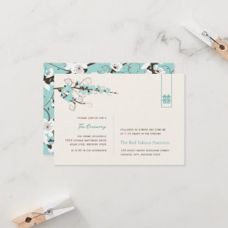 Aqua Cherry Blossoms Chic Asian Wedding Reception Invitation