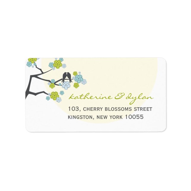 Aqua Cherry Blossoms Love Birds Address Labels (Front)