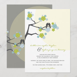 Aqua Cherry Blossoms Love Birds Wedding Invite