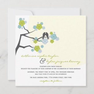Aqua Cherry Blossoms Love Birds Wedding Invite