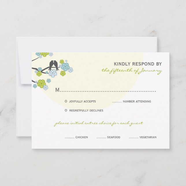 Aqua Cherry Blossoms Love Birds Wedding RSVP Card (Front)