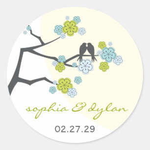 Aqua Cherry Blossoms Love Birds Wedding Sticker