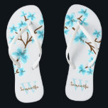 Aqua Cherry Blossoms Monogrammed Thongs<br><div class="desc">Beautiful and sweet cherry blossoms or sakura flowers design perfect for spring,  summer,  as well as for bride,  bridesmaids,  mother of the bride,  mother of the groom,  maid of honour,  flower girl gifts,  and more!</div>