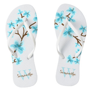 Aqua Cherry Blossoms Monogrammed Thongs