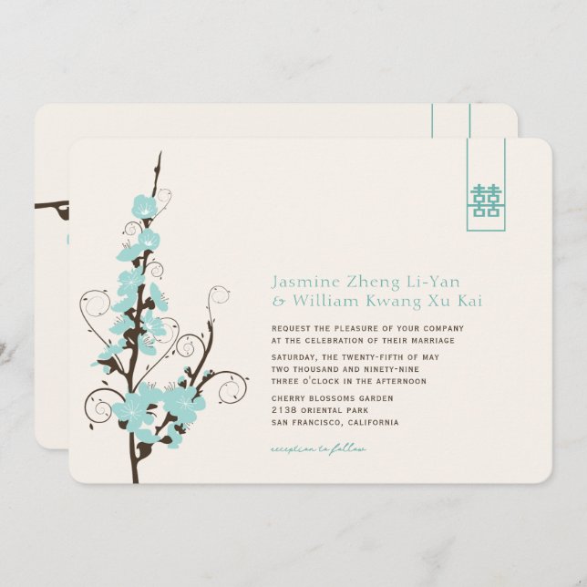 Aqua Cherry Blossoms Sakura Swirls Asian Wedding Invitation (Front/Back)