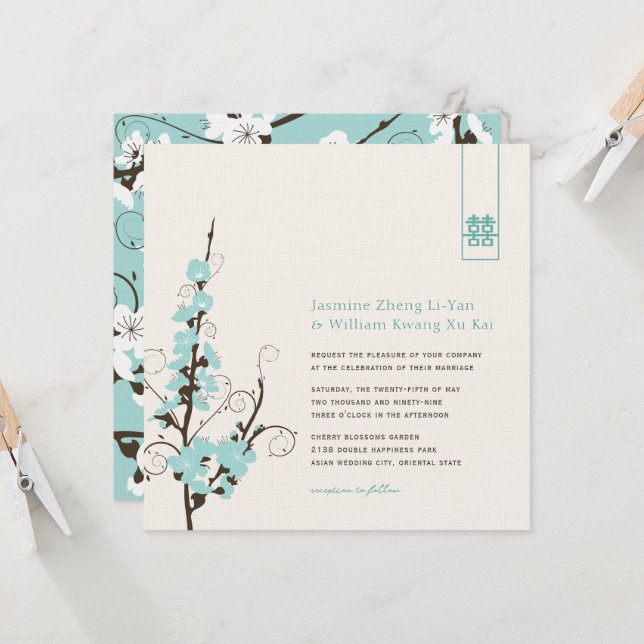 Aqua Cherry Blossoms Sakura Swirls Asian Wedding Invitation (Front/Back In Situ)