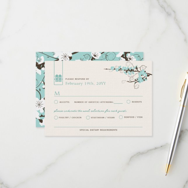 Aqua Cherry Blossoms Sakura Swirls Asian Wedding RSVP Card (Front/Back In Situ)