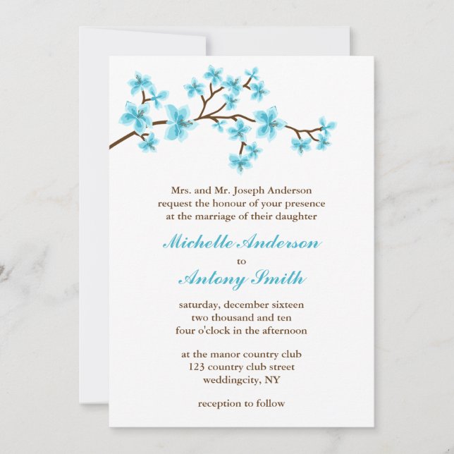 Aqua Cherry Blossoms Wedding Invitation (Front)