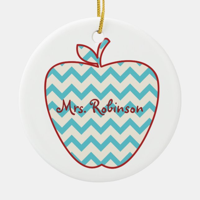 Aqua Chevron Apple Teacher Ceramic Ornament (Front)