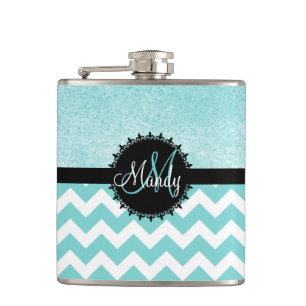Aqua Chevron Glitter Monogram Flask