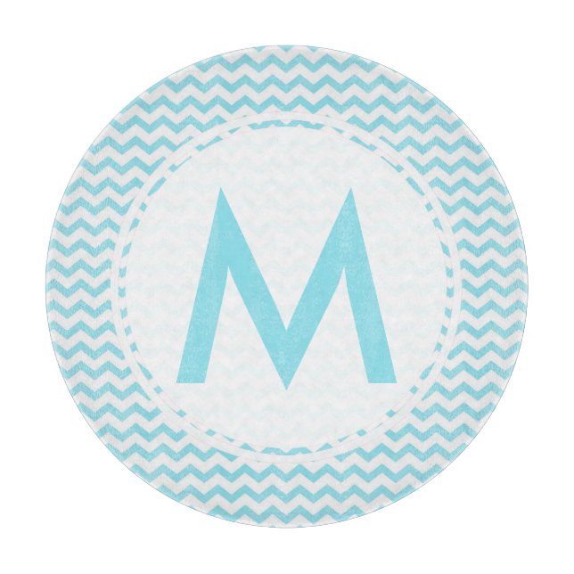 Aqua Chevron Monogram Glass Cutting Board 12" (Front)