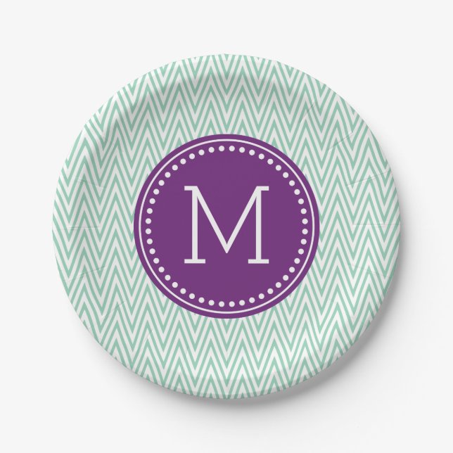 Aqua Chevron Personalised Monogram Paper Plate (Front)