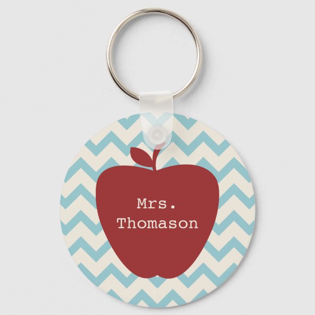 Aqua Chevron Red Apple Teacher Key Ring (Front)