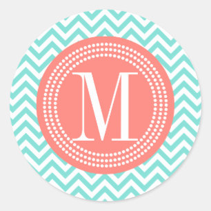 Aqua Chevron Zigzag Personalised Monogram Classic Round Sticker