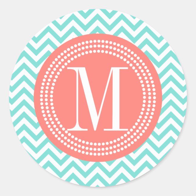 Aqua Chevron Zigzag Personalised Monogram Classic Round Sticker (Front)