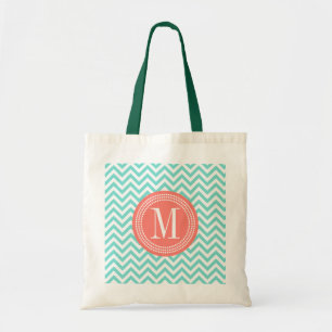 Aqua Chevron Zigzag Personalised Monogram Tote Bag
