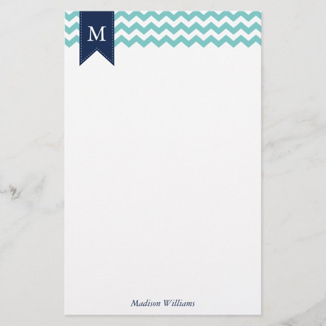 Aqua Chevrons Pattern and Blue Monogram Stationery (Front)
