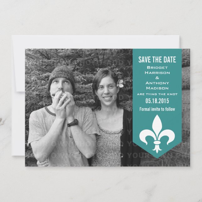 Aqua Chic Flourish Banner Save the Date Invite (Front)