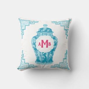 Aqua Chinoiserie Ginger Jar Monogram Cushion