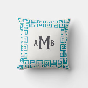 Aqua Chinoiserie Wide Greek Key Border Monogram Cushion