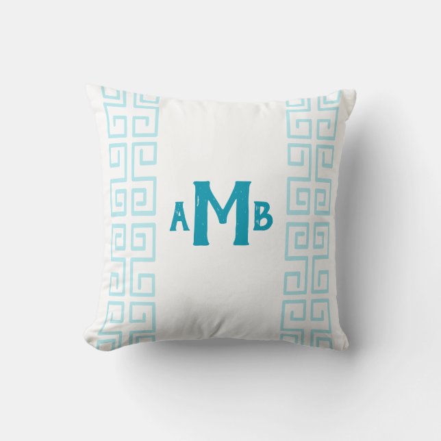 Aqua Chinoiserie Wide Greek Key Stripe Monogram Cushion (Front)
