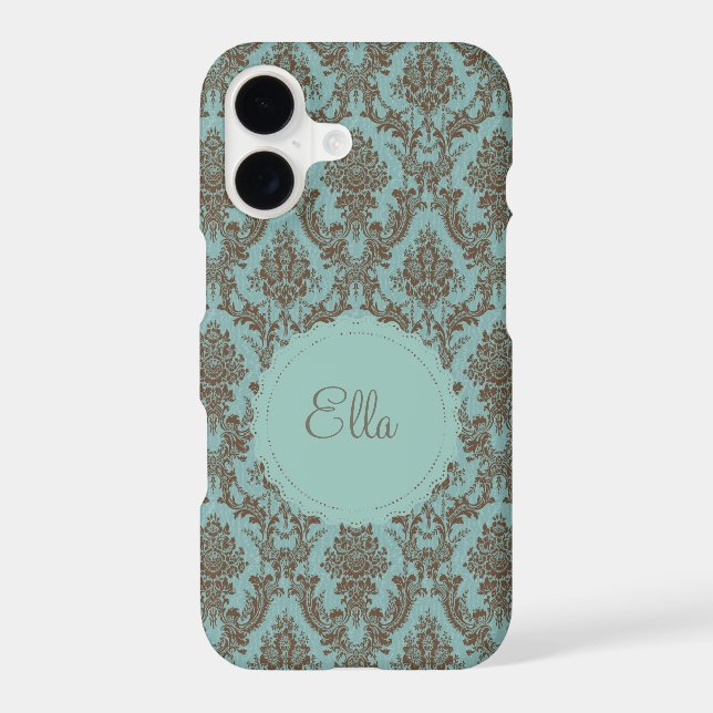Aqua Chocolate Damask Case-Mate iPhone Case (Back)