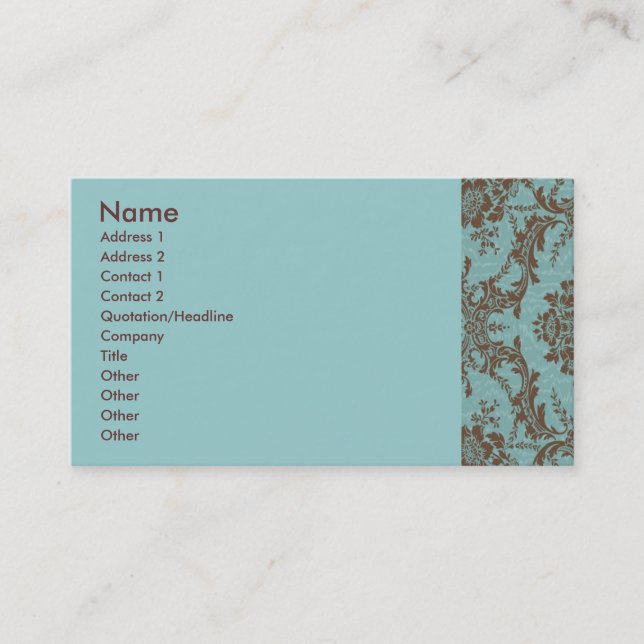 Aqua Chocolate Damask Customisable Business Card (Front)