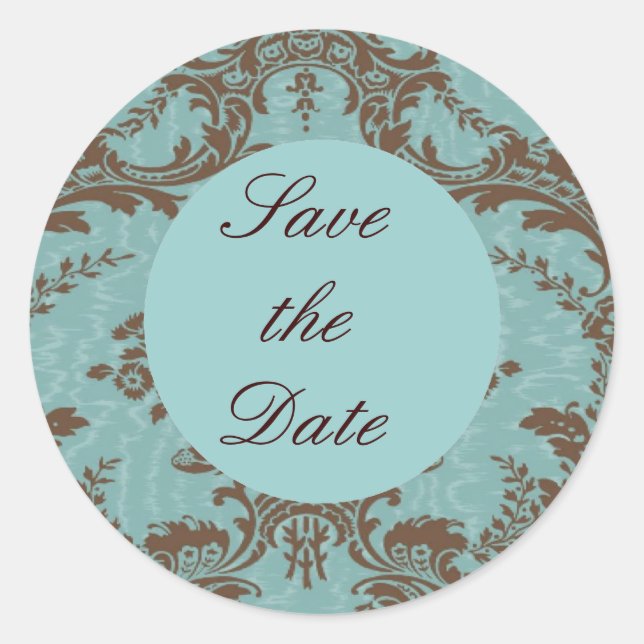 Aqua Chocolate Damask Save the Date Classic Round Sticker (Front)